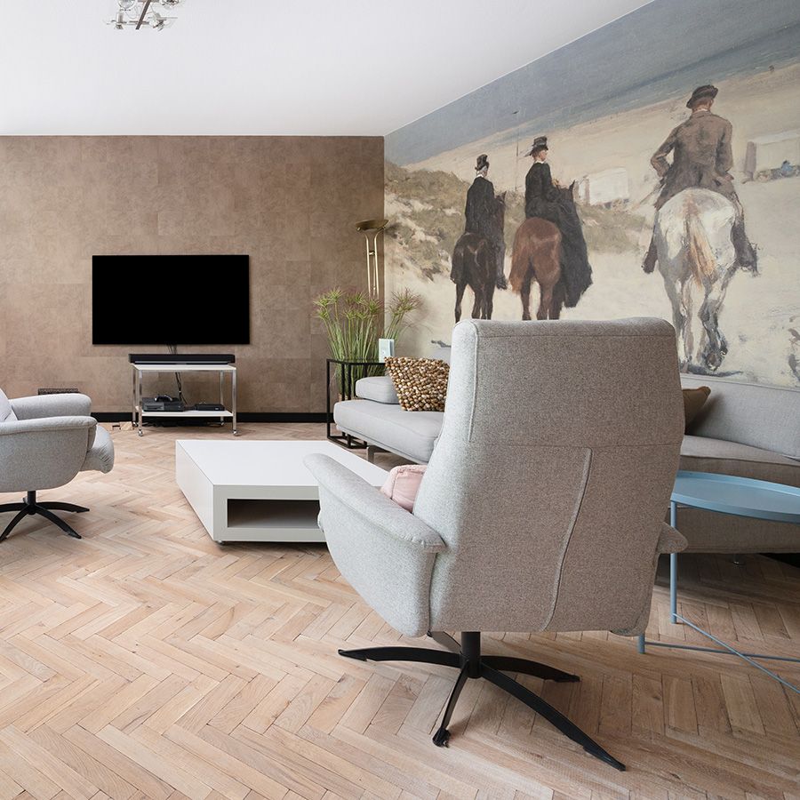 Morgenrit langs het strand fotobehang van Anton Mauve op de muur gecombineerd met stoere eiken vloer | The Woodstore Scheveningen